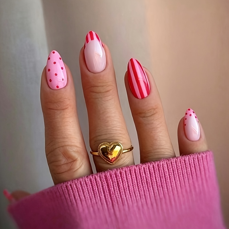 TEMU 24pcs Y2k Pink False Nails Suitable For Wear, Almond Shape Press- Nails With Polka Dots & Vertical Stripes, Glossy Mini Nails For , Machine-made