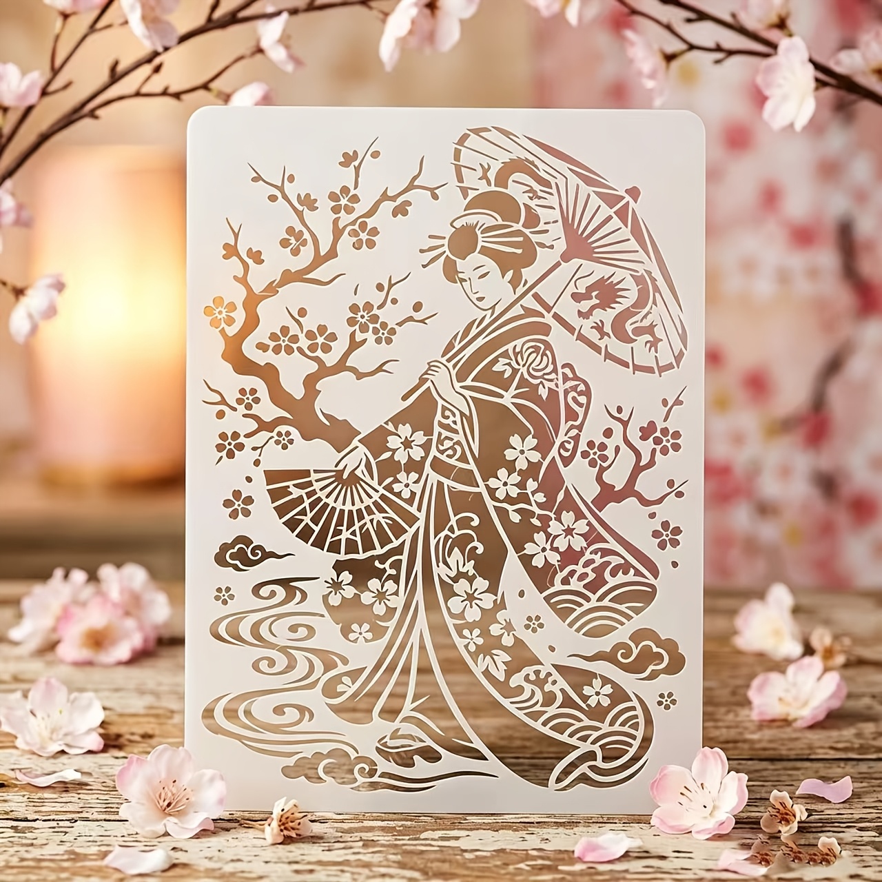 TEMU 【再利用可能】日本の芸者絵柄ステンシル、桜柄と折りたたみ傘型、手芸や家の装飾に最適
