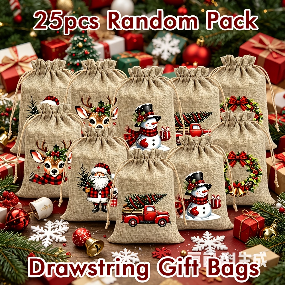 TEMU Christmas Gift For Her/him 25pcs Gauze Drawstring Bags, Random Vintage Red And Plaid Pattern, Holiday Gift Bags, Small Gift Storage Bags,