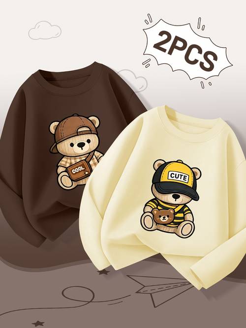 item picture 2 pc boys pure long sleeve t shirt casual base layer with trendy baseball cap crossbody bag and bear print made of and breathable features neck pullover design for suitable for boys