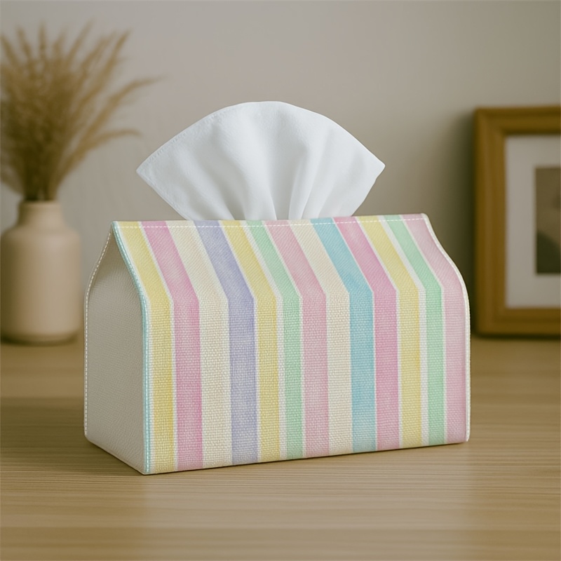 TEMU 1pc Tissue Box With Checkered Lid- Light Surface With Pastel Striped Pattern Details Design, Durable Fabric Multi-functional Decorative Storage