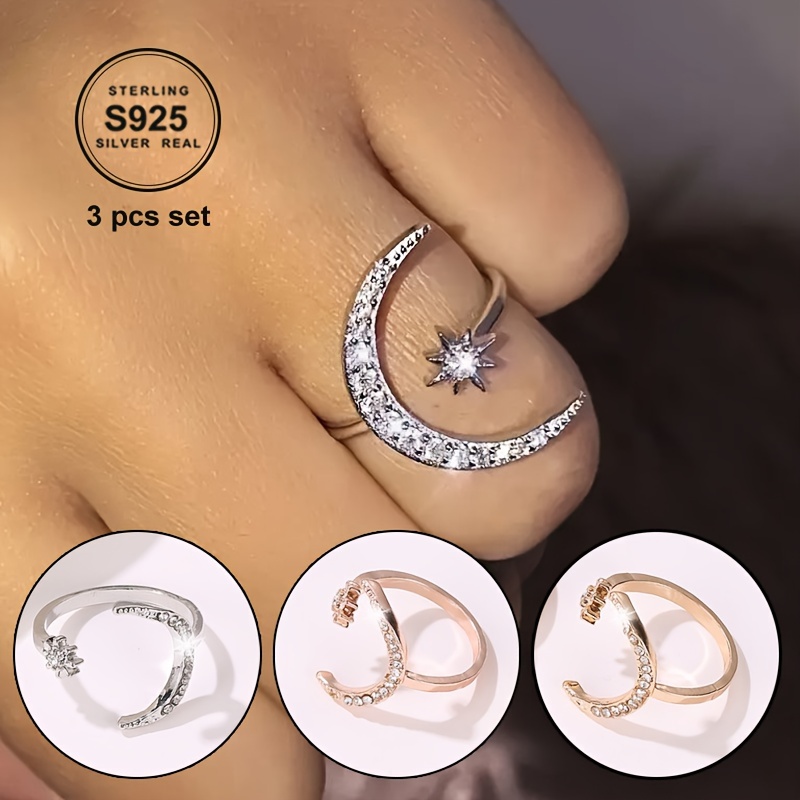 

3 Pieces 925 Sterling Silver Ringsstar & Moon Surround Design Open Rings Dazzling Zircon Adjustable Open Rings