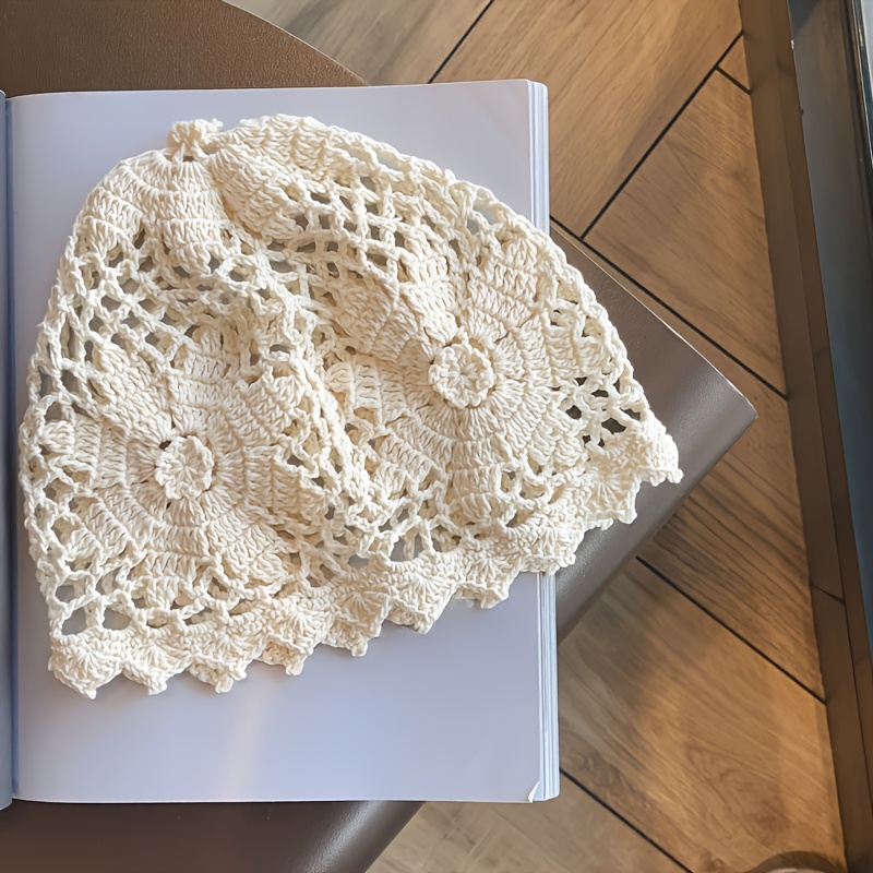 TEMU 1pc Elegant Women's Crochet Beanie, Floral Embellishment, Soft Acrylic Hat, , Fashion Winter Accessory, Stylish Headwear Floral Crochet Cap