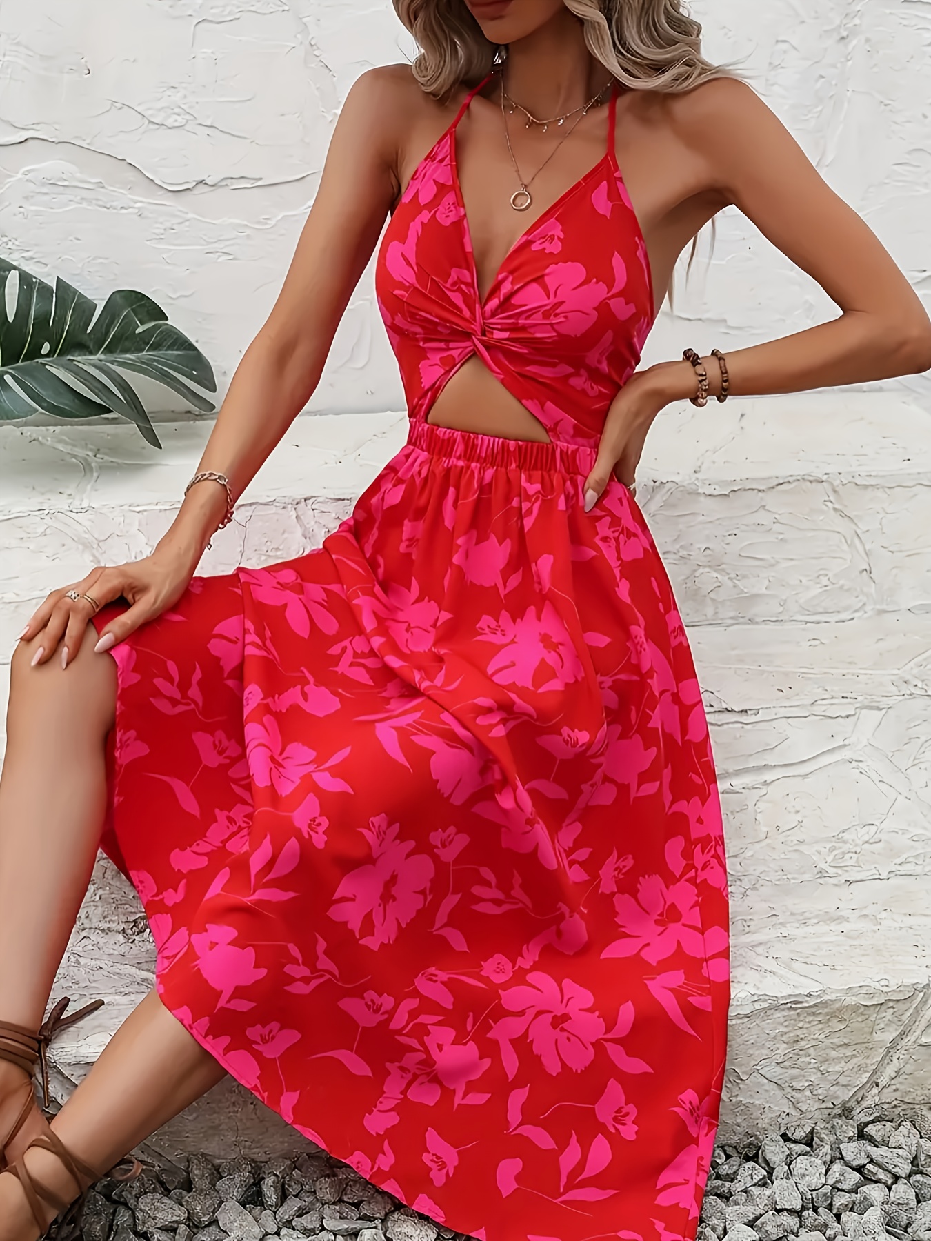 red halter neck backless dress Milani main image 1