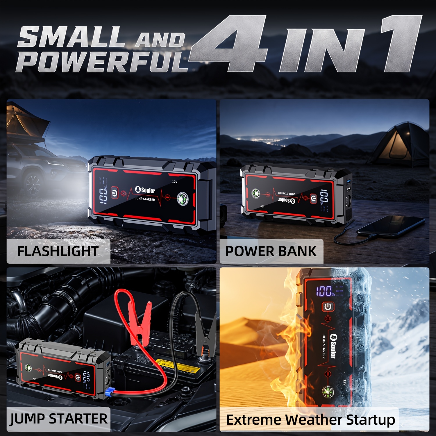 Soulor Car Jump Starter, 3000A to 6000A Portable Starter Power Supply, 2-In-1 Inflatable for All-In-One Multi-Functional Upgraded Version, 12V Quick Start Car, Suitable for All Cars, LED Emergency Lights, Compass, USB Input/Output