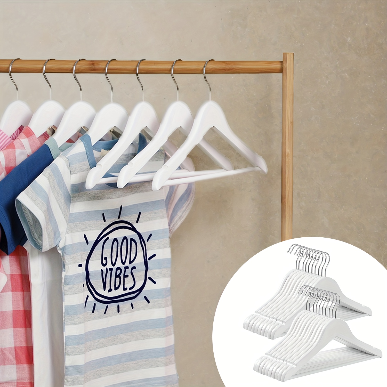 Image of Children's Clothes Hangers, Set Of 20 Clothes Hangers For Children, 35cm Long Wooden Hangers, Solid Wood, With Non-slip Trouser Bar And Notches, White