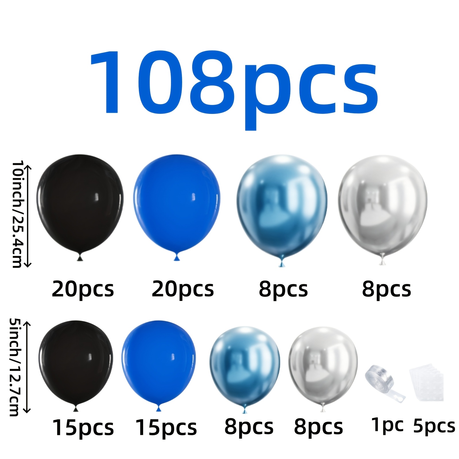 TEMU 108pcs Blue Black Metal Blue Silvery Latex Balloon Wreath Arch Set, 10 Inches, 5 Inches, Suitable For Birthday Parties, Men's Birthday Party