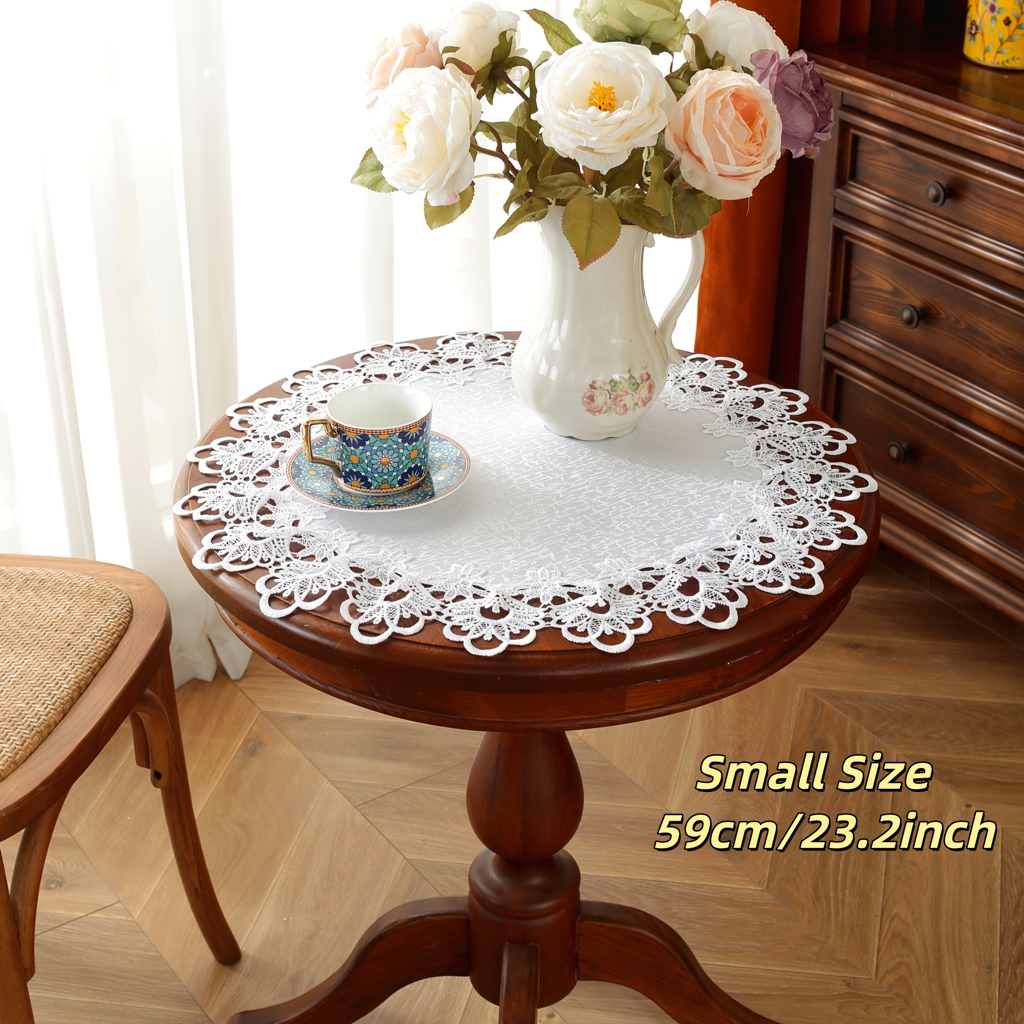 TEMU 1pc Tissu Jacquard Satin Blanc en Polyester, Bordure en Dentelle Blanche, Nappe Ronde Multi-Usage, Couvre-Taille, Coussin de Plaque, Différentes