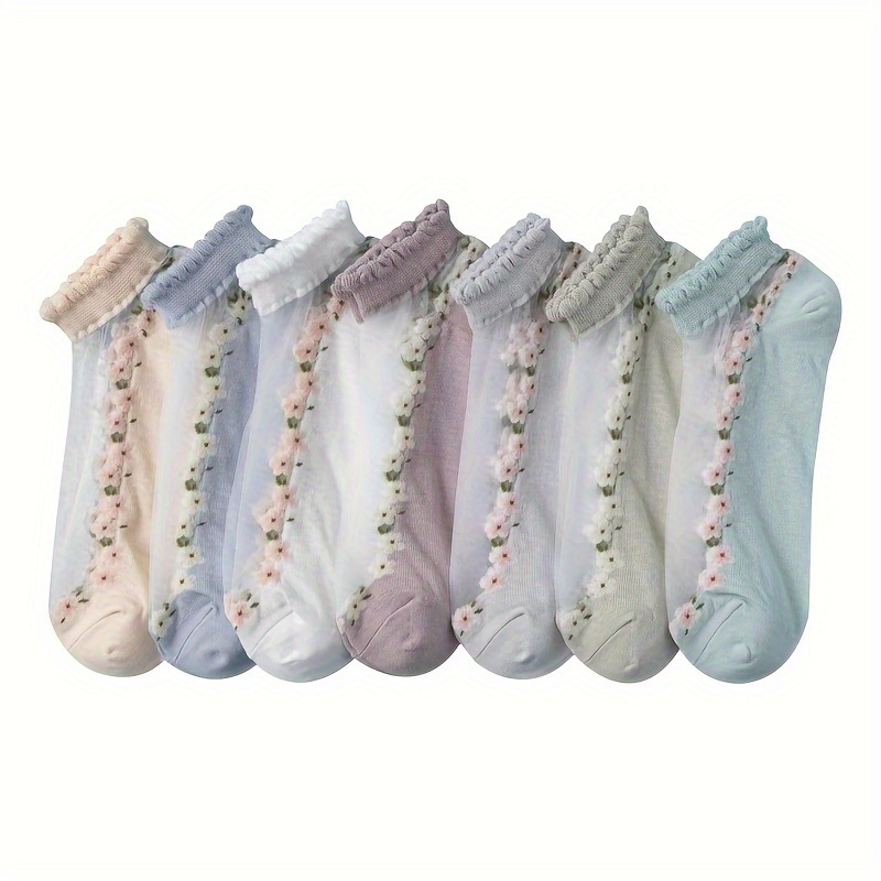 Image of 7 Pairs Floral Glass Women's Summer Short Socks Cute Fresh Ins Short Socks Bottom Sweat-absorbing Breathable Socks