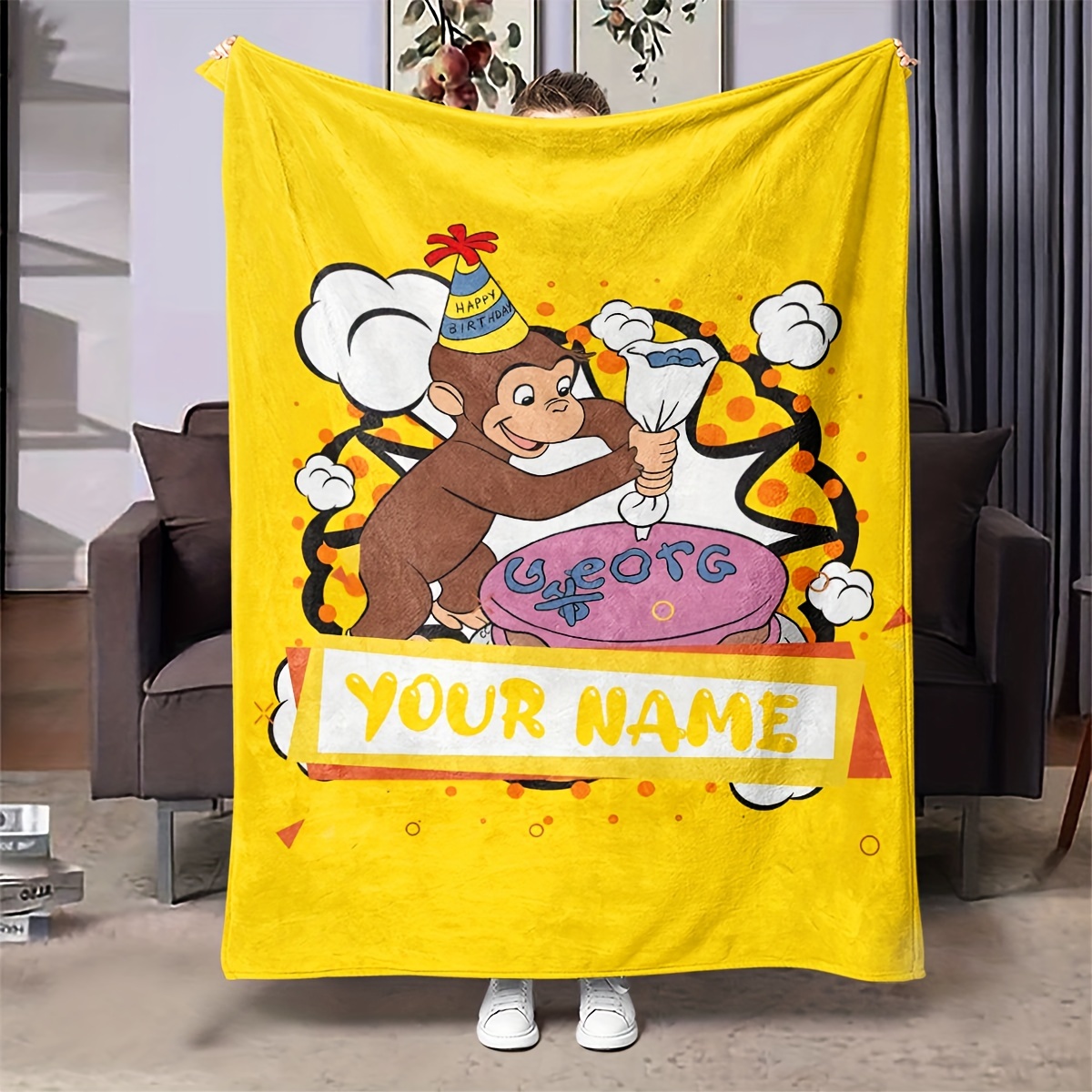 

Personalized Cartoon Monkey Birthday Greeting Print Flannel Throw Blanket - Contemporary Style, Knitted Polyester, Warm Comfortable Decorative Blanket For Room, Perfect Gift