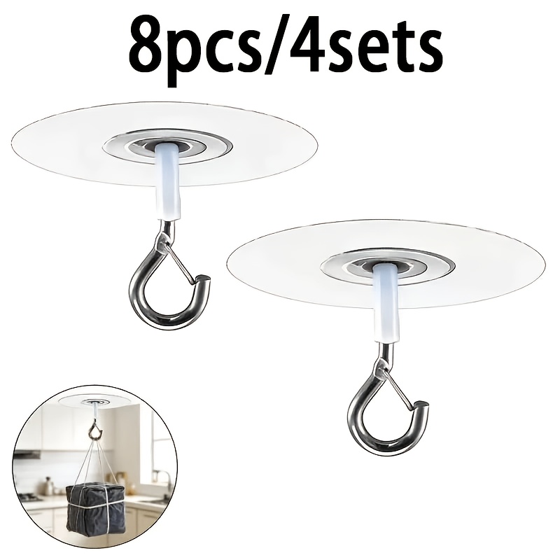 TEMU Set di 8 ganci adesivi da soffitto resistenti, 4 set (compresi 4 cuscinetti adesivi e 4 ganci), installazione senza trapano, con clip di , ganci