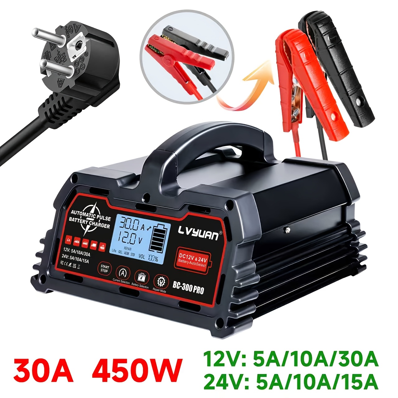 Polnilnik za baterije 30A, 12V/24V pametni polnilnik za svinčeno-kislinske baterije, 12V LiFePO4 polnilnik za avtomobilske baterije, avtomatski