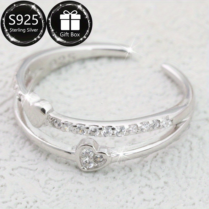 S925 Sterling Silver Micro Inlaid Love Heart Open Toe Ring