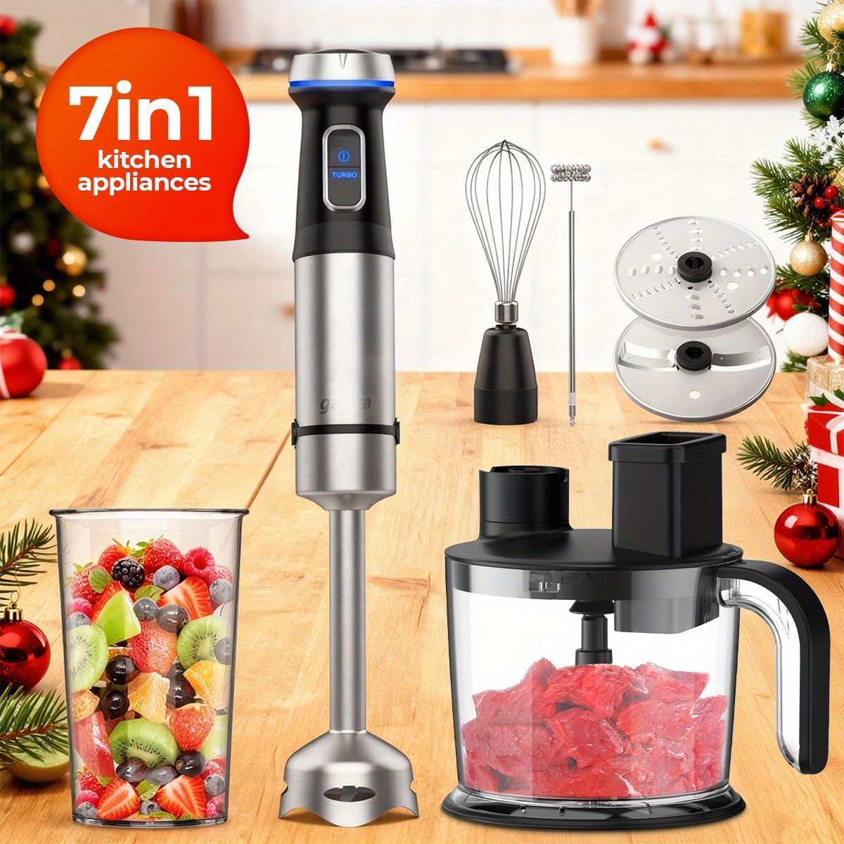 TEMU Ganiza Handheld Blender, 7-in-1 Hand Blender, 15 Variable Speed And Turbo Emulsifying Blender Stainless Steel Stick Blender With 1500ml Food