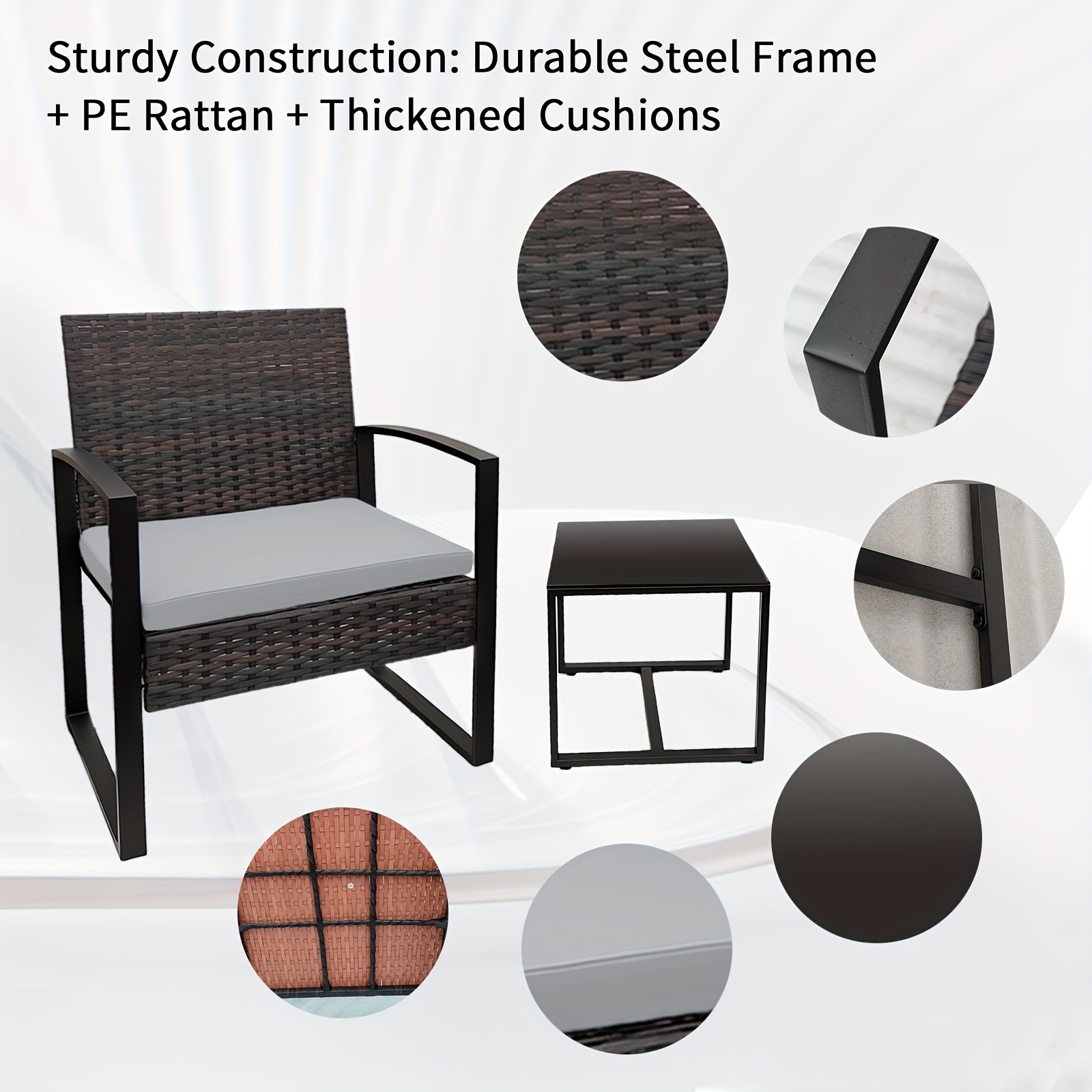 3pcs Patio Bistro Set, Wicker Outdoor Furniture Set, Modern Rattan Patio Chairs with Coffee Table, Patio Conversation Sets for Balcony, Front Porch, Garden, Poolside, Gray Cushions