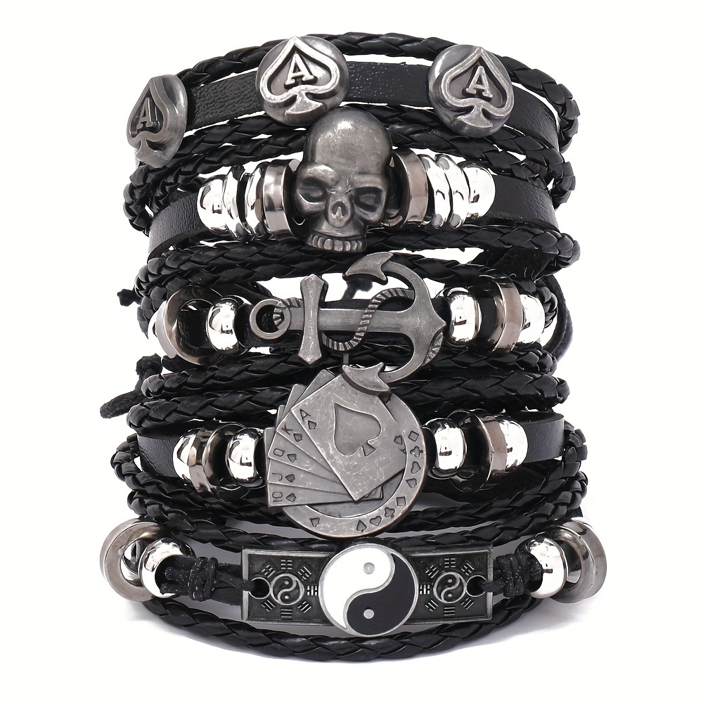 Conjunto de 5 Pulseras de Cuero Sintético con Encanto de Calavera y Tai Chi Estilo Hip Hop Punk para Hombres - Multicapa, Diseño Yin Yang