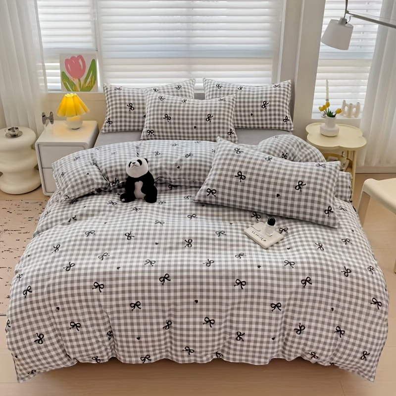 

Ensemble de Literie et de en Polyester à Carreaux avec Nœud Imprimé 3pcs 90g 1 Housse de Couette 2 Taies d'Oreiller Noyau Intérieur