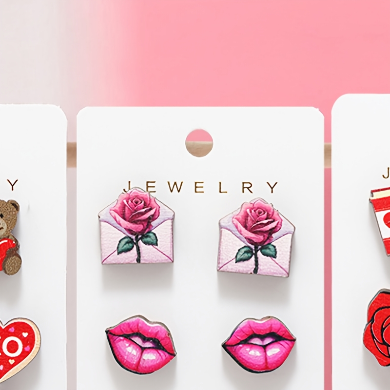 

9 Pairs Elegant Wooden Stud Earrings Set For Women, 's Day Gift, 316l Stainless Steel Posts, Assorted Designs With Cartoon Bear, Red Rose, Xo, Heart, Cupcake, Red Lip, Envelope - Daily & Festival Wear