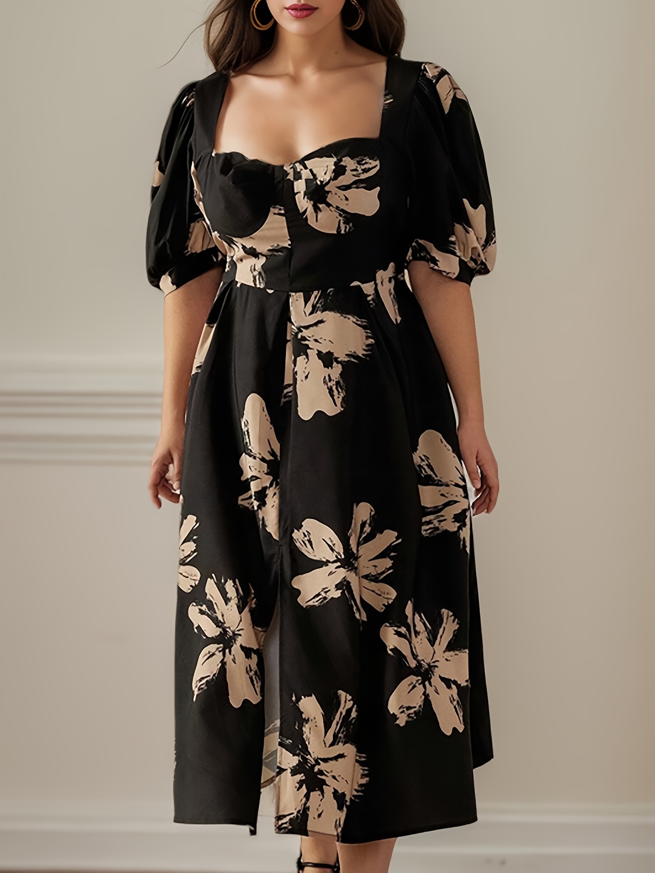 vestido elegante manga corta estampado floral francés mujer Temu