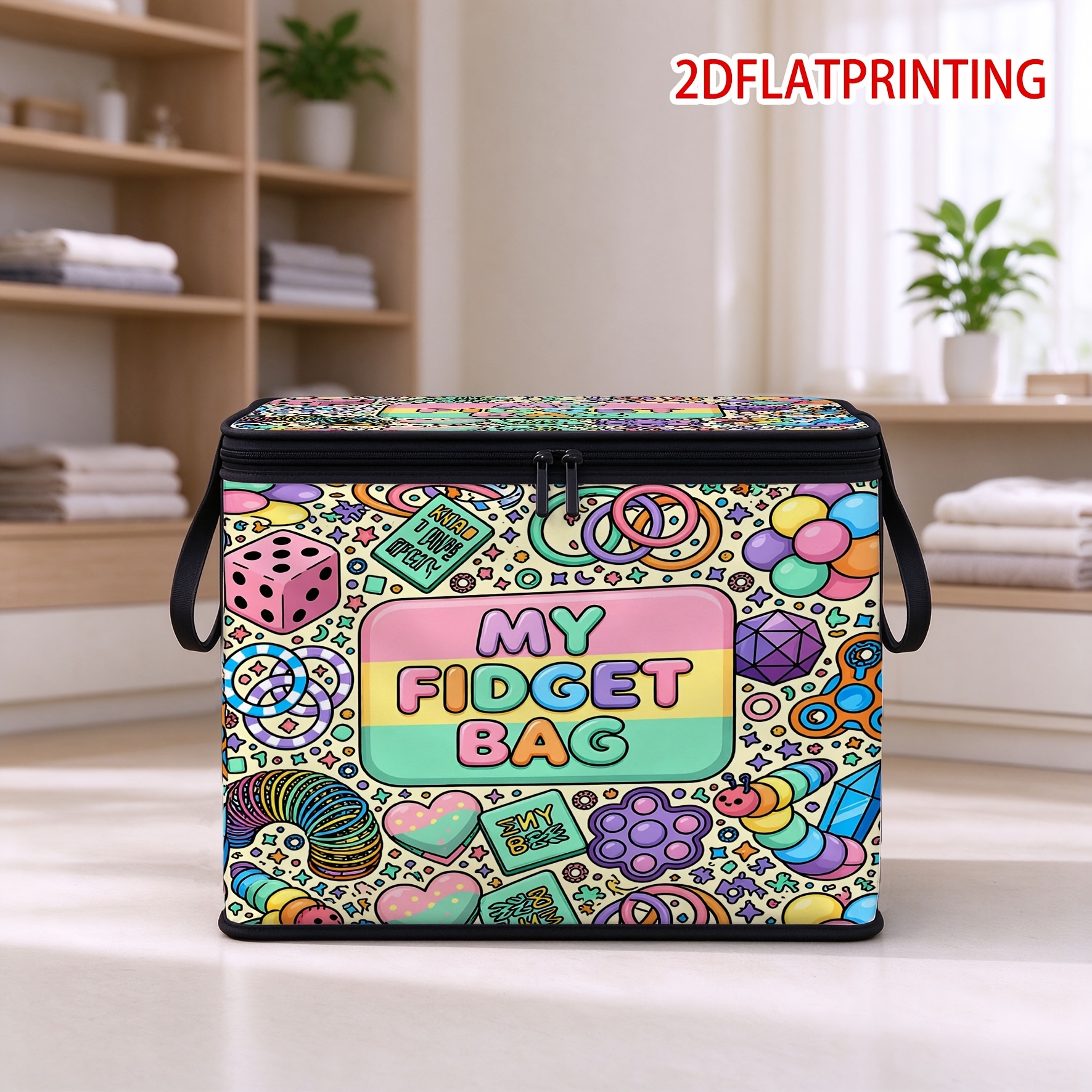 TEMU 1pc Fidget-themed 2d Full Print Soft Fabric Storage Bin, Double Zipper Portable Foldable Large Capacity Storage Box, Dustproof Home Bedroom Desk