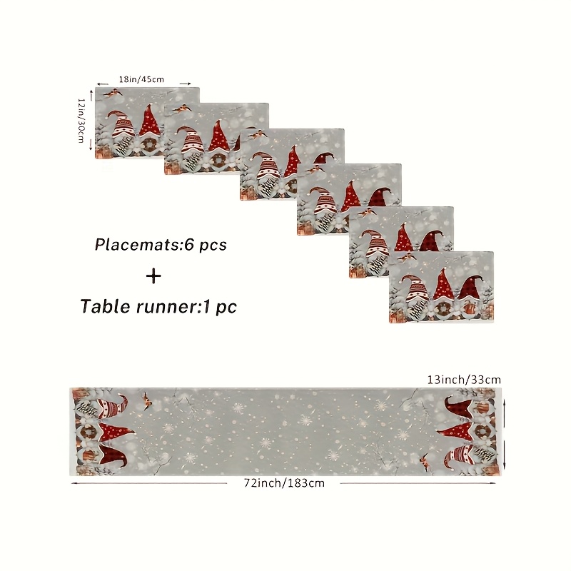 5/7pcs Christmas Table Runner & Placemats Set, Gray Gnome Fantasy Snow Branch Design Linen Tableware For Kitchen Dining /wedding Decor