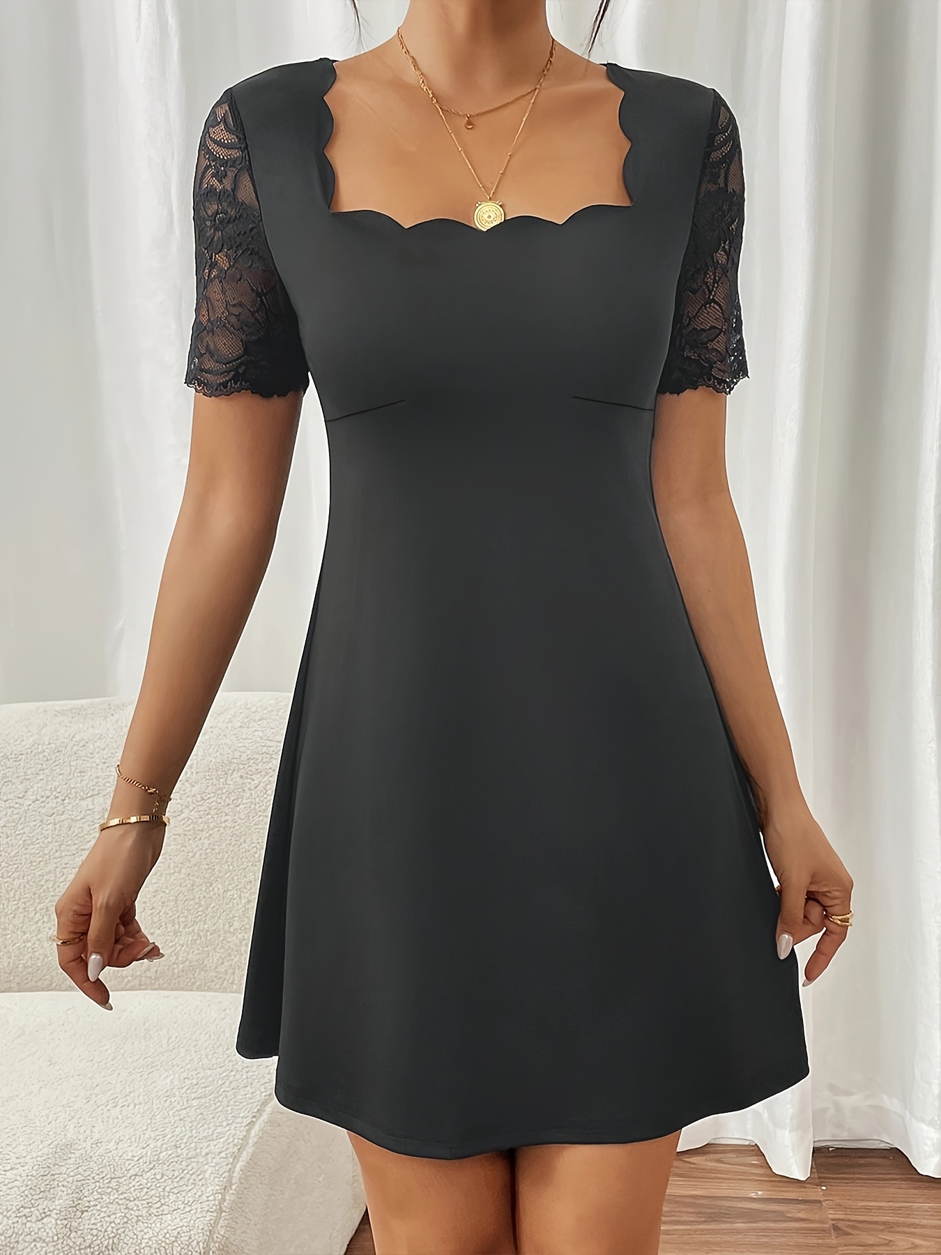 elegant square neck short sleeve dress contrast lace detail