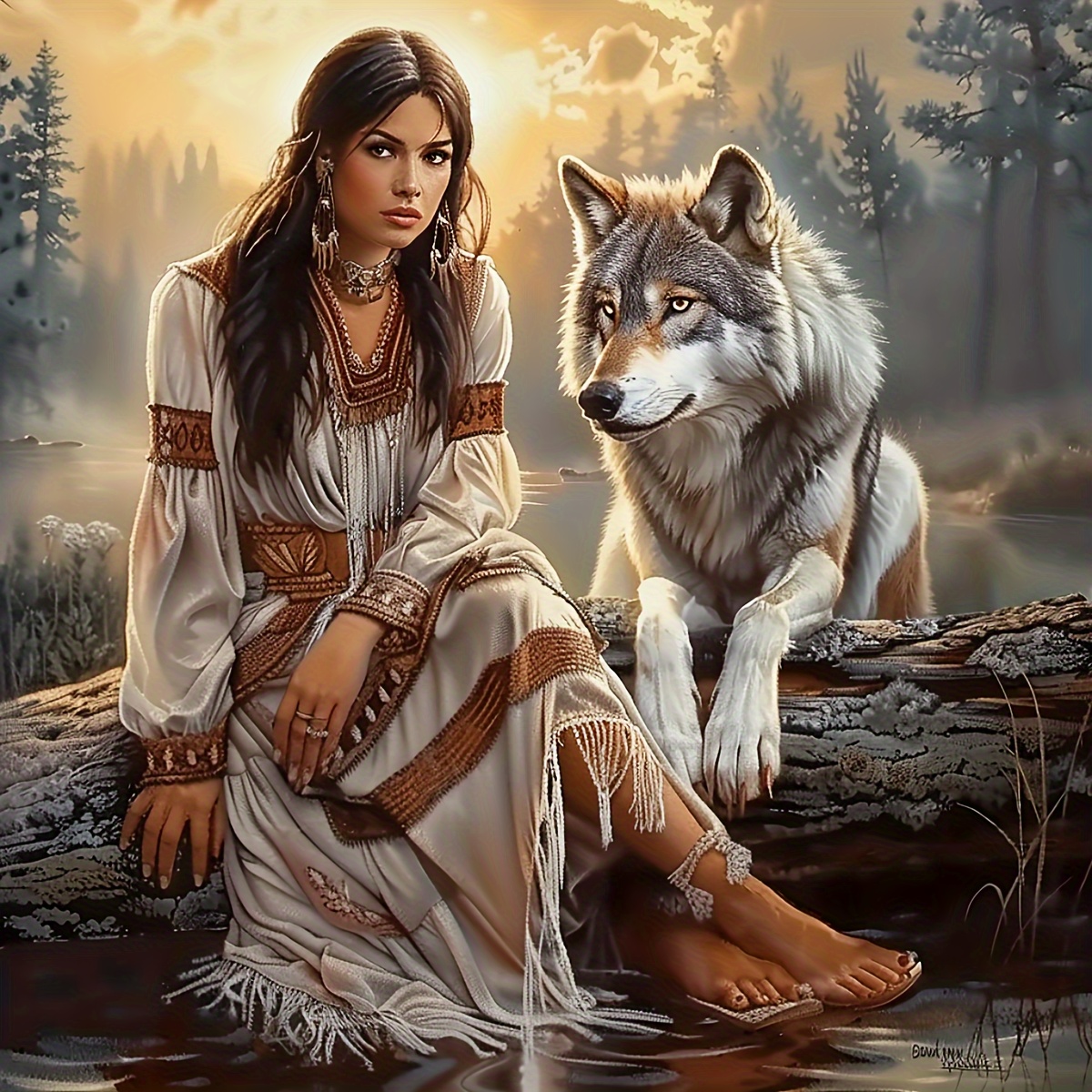 

Diy 5d Diamond Painting Art Kit: Woman And Wolf Mosaic, 40x40cm/15.7x15.7inch, Animal Theme, Round Diamond Shapes, Acrylic (pmma) Material