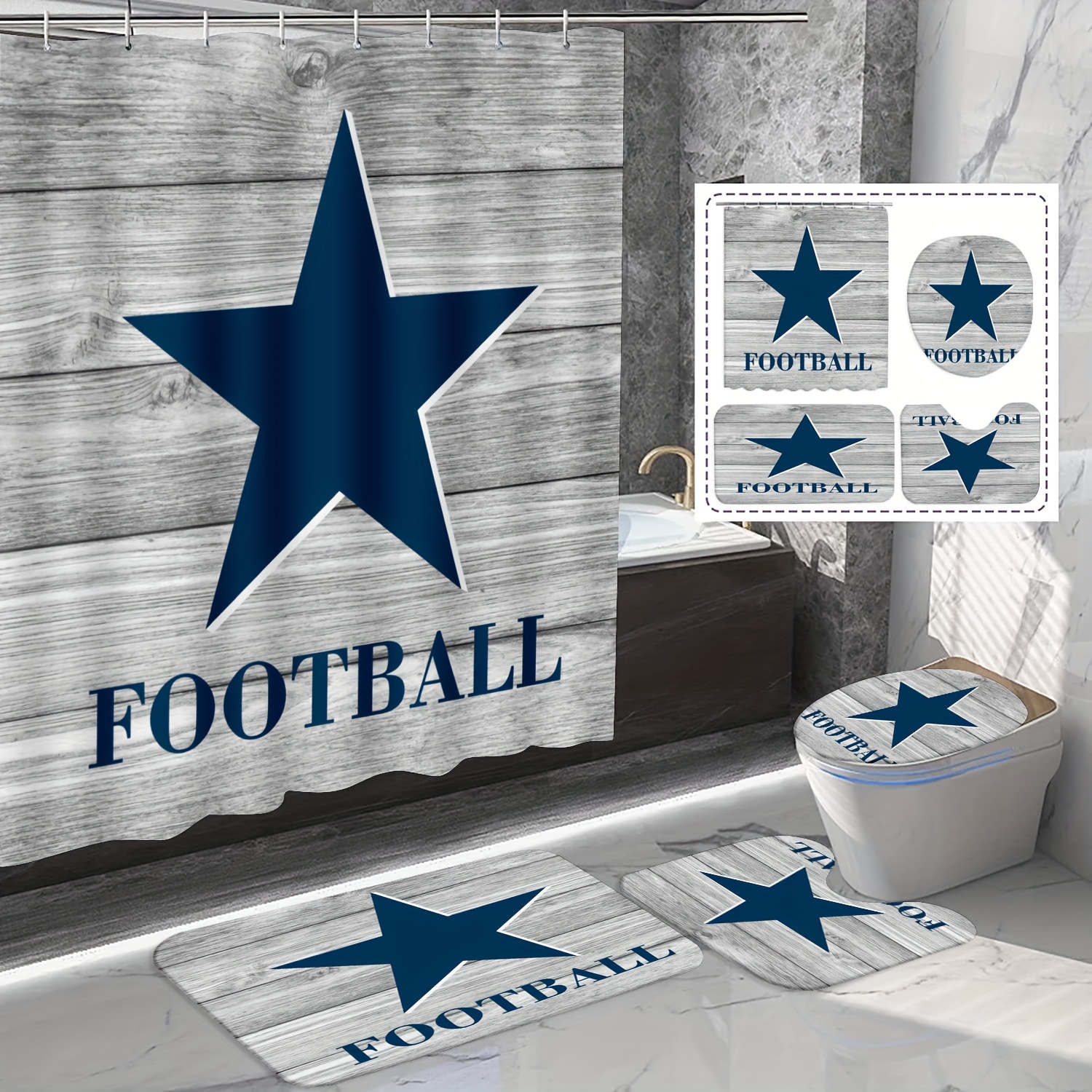 

1/4pcs Football Star Wood Pattern Shower Curtain Set, Waterproof Bath Curtain With Hooks, U-shaped Mat, Toilet Cover Mat, L-shaped Mat, Bathroom Accessories