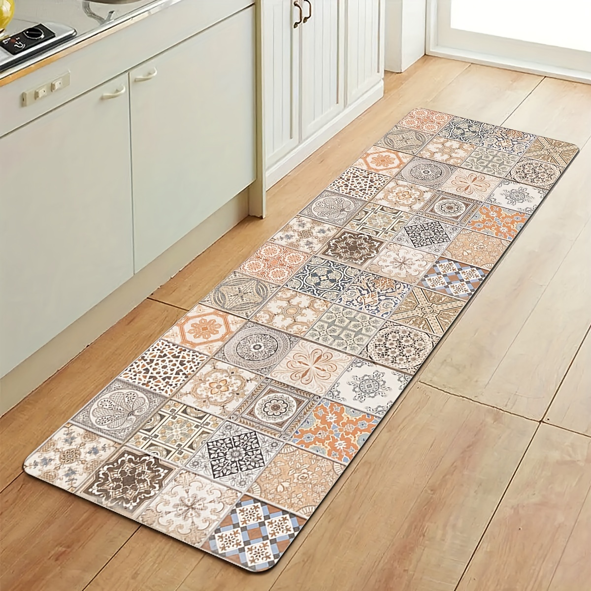 

1pc Abstract Flower Print Kitchen Mat, Bohemian Puzzle Pattern Carpet, Non-slip And Hand Washable Polyester Mat, Suitable For Kitchen Living Room Entrance Door Balcony Home Decor