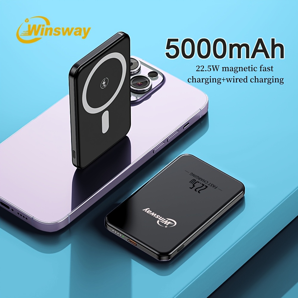 TEMU Winsway Ultra Thin Magnetic Power Bank 10.4mm, 5000mah Wireless Portable Charger, Fast Charging Battery Pack, Comes With Usb C Charging Cable,