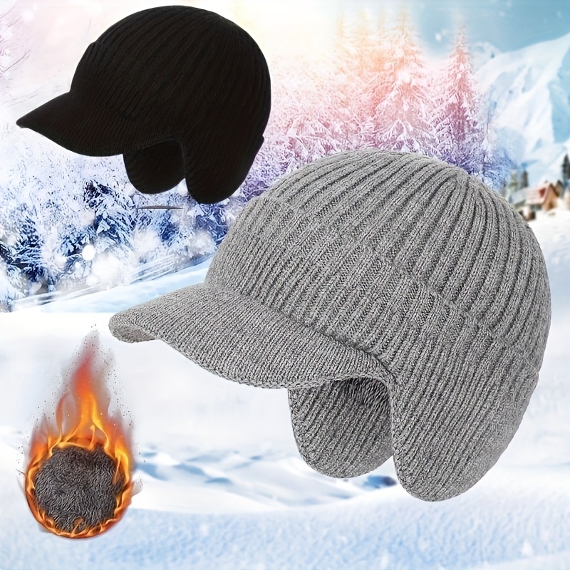 

Winter Warm And , Wrapping Ears Men Winter Knit Hat With Warm Earflaps Winter Outdoor Sports Beanie Hat Ski Cap With Visor Knitted Baseball Cap Gray Holiday Gift Winter Supplies