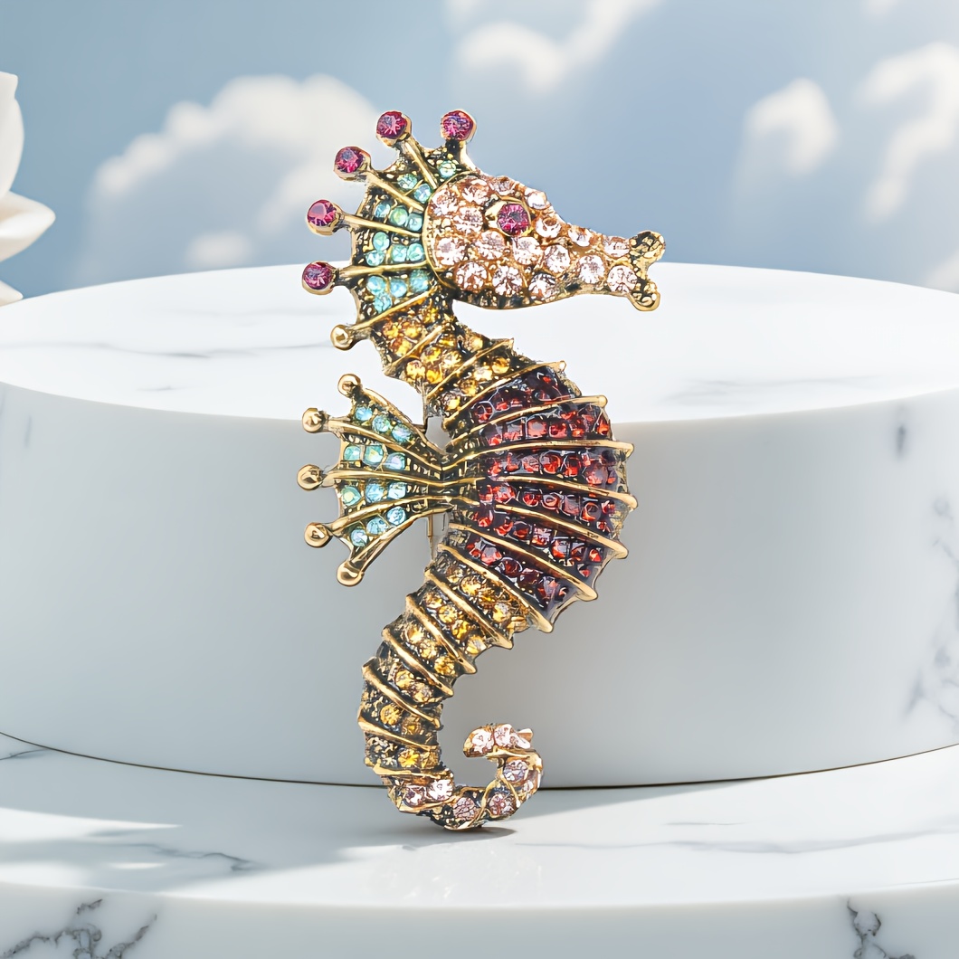 TEMU Elegant Seashell Brooch With Colorful Gemstones - Ocean-themed Design, Parties & , Chic Accessory For Shirts & Beachwear, Beachwear Accessory |