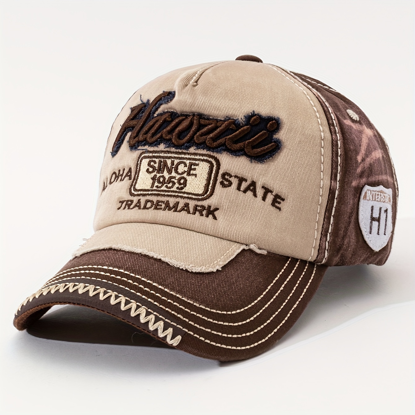 Image of Hawaii" City Name 3d Embroidered Baseball Cap, Classic Vintage Distressed Smudge Color, Spliced Baseball Cap, Suitable For Daily For And Travel Wear, Unisex