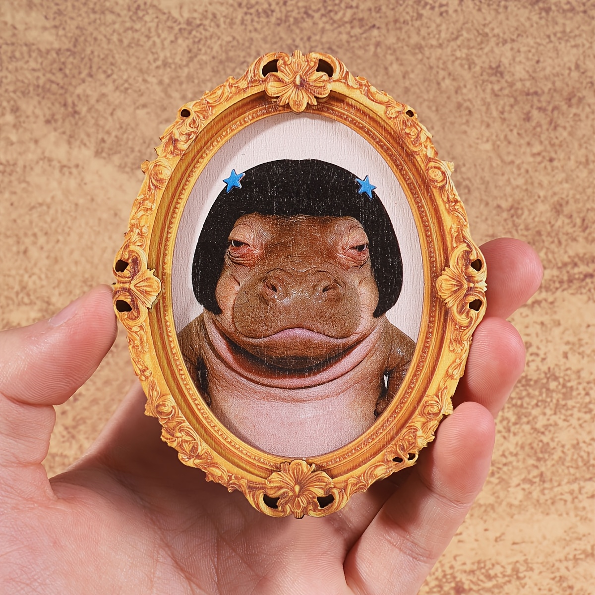 A Refrigerator Magnet Featuring A Hippo With A Wig Design, In A Vintage Oval Shape, Resembling A Mini Photo Frame, Serves As A Fun Home Decor Item And Makes A Great Holiday Gift