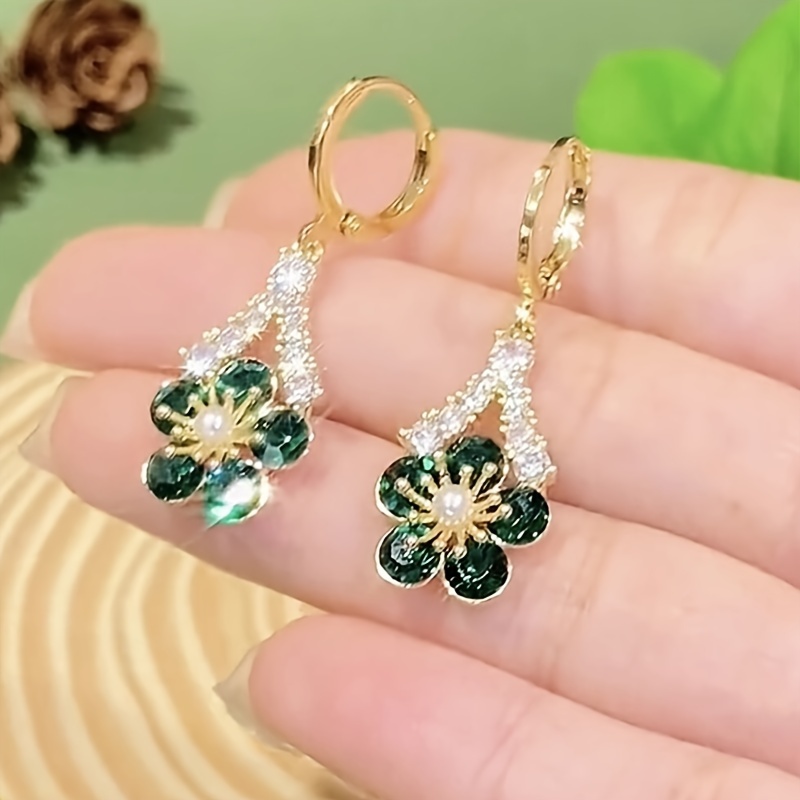 elegant green cubic synthetic synthetic zircon flower earrings luxurious alloy dangle jewelry for   for parties gifts Product details 4