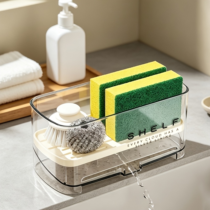 TEMU Kitchen Bathroom Multifunctional Countertop Storage Box, With Removable Drainable Partition, Storing Sponge Cloth And Cleaning Brushes, No
