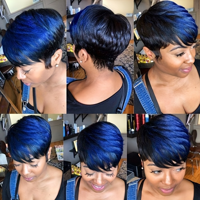 TEMU Nicelatus Short Mixed Black And Blue Wig, Featuring Short Hairstyles And A Cut With Bangs. Synthetic Wigs For Women Are Perfect For Short Hair, Suitable For Halloween, Christmas Parties