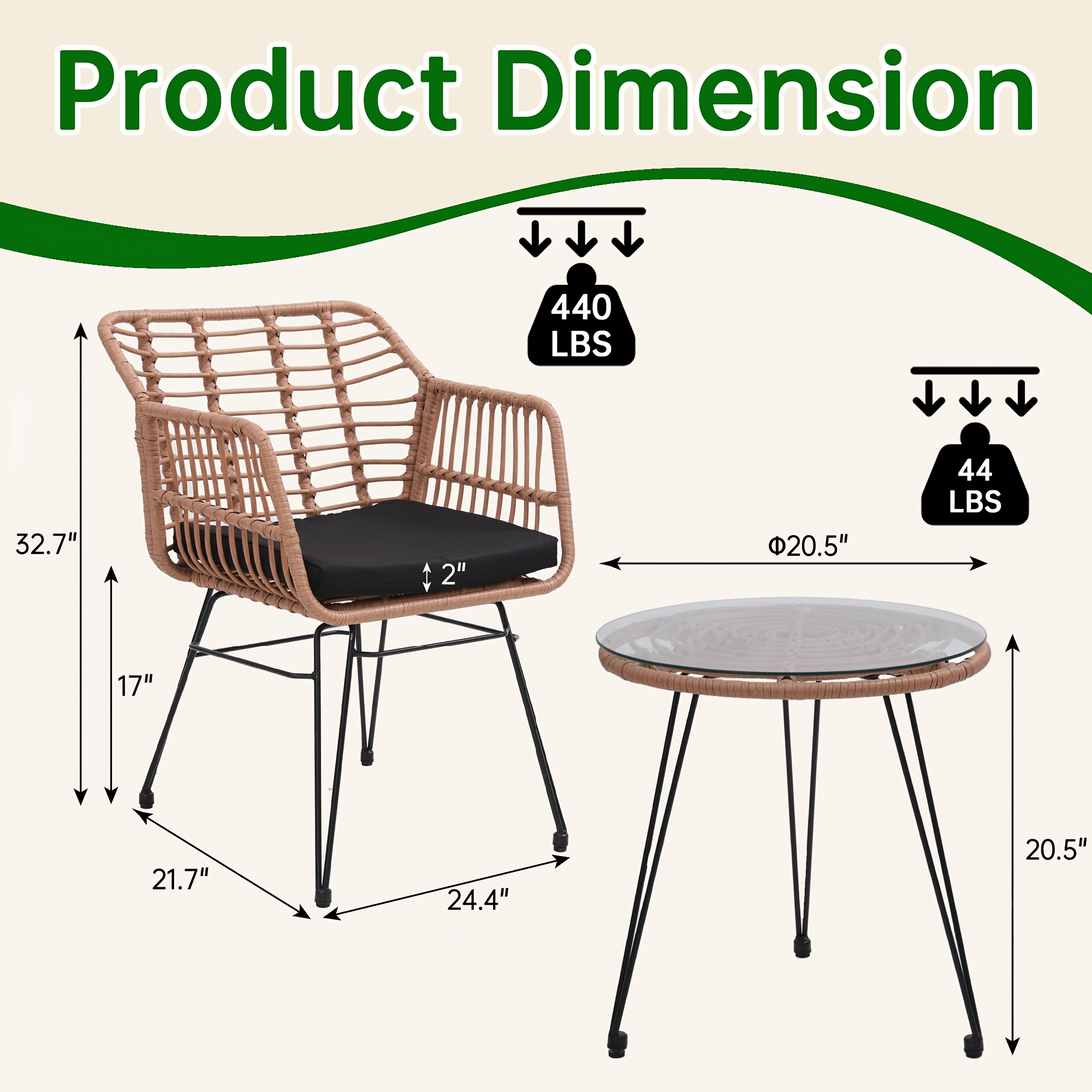 3pcs Outdoor Rattan Bistro Table and Chairs Set - Contemporary Boho Furniture with Tabletop, UV & Rain Resistant Suitable for, Poolside, Balcony, Black/Natural Rattan, All-Weather for /Outdoor Use