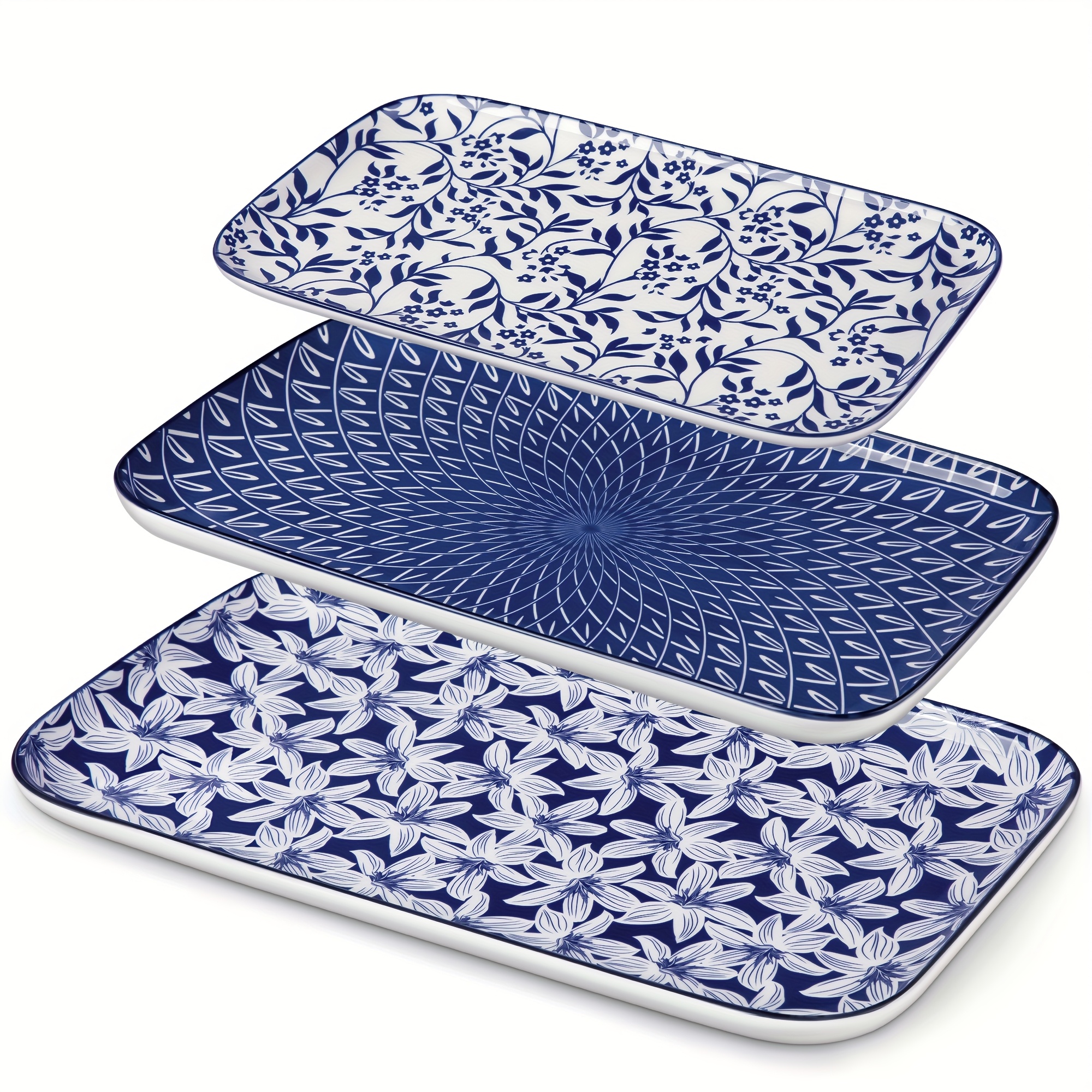 3pcs Rectangular Serving Tray Set Blue And White Porcelain 16/14/12 Inch Stackable Snack Platters For Entertaining, Parties, Dining | Durable & Easy Clean