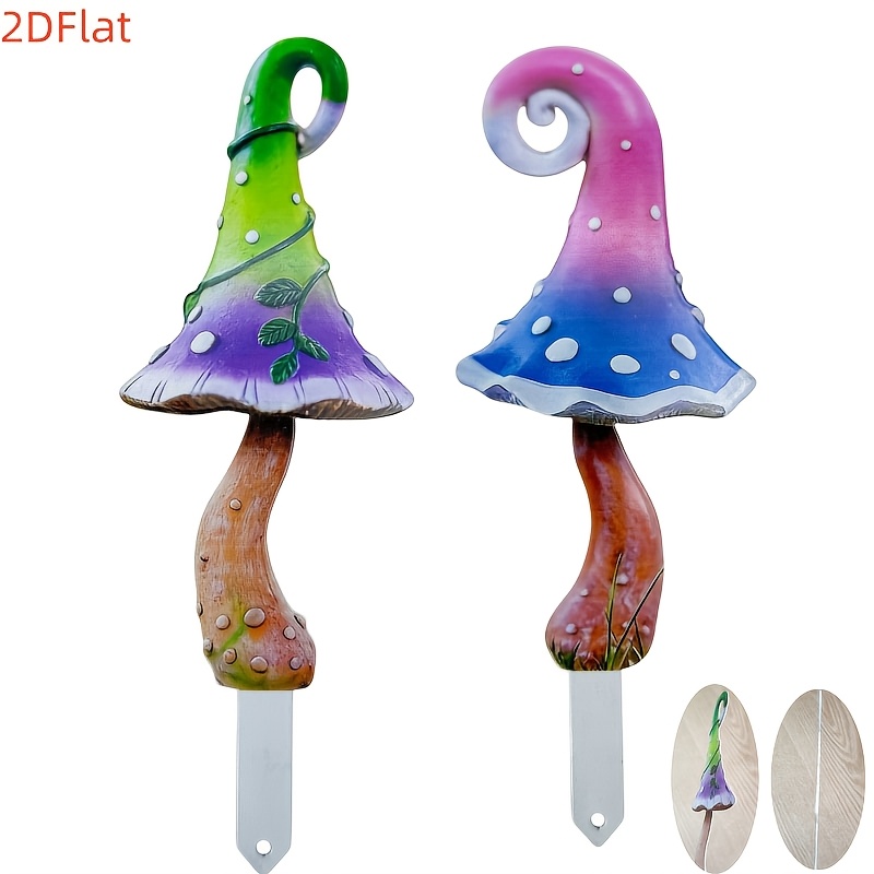 TEMU 2d Flat [2pcs Set] Metal Colored Mushroom Shaped Decorative Iron Planter Accessory Craft Iron Ground Plug, Thickened Iron Material, Waterproof