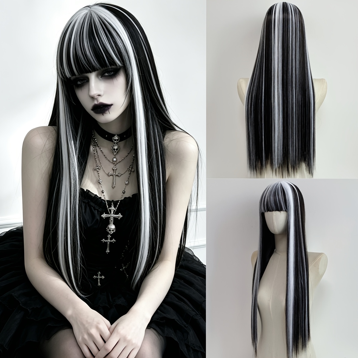 TEMU Gorgeous Black And White Highlight Long Straight Wig With Bangs, Classic Horror Gothic Cosplay Wig For Women, Heat-resistant Synthetic Hair For