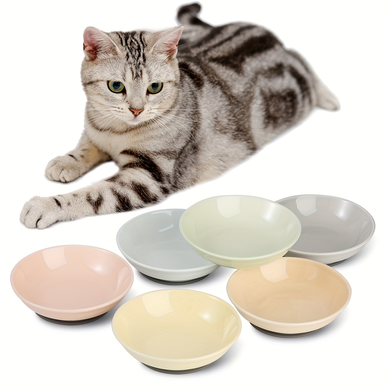 

Ceramic Cat Food Bowl Set - Colorful Cat Feeding Bowls With Non Slip Mat - Wide Shallow Cat Bowl Whisker Friendly - Cat Plates - Cute Cat Dish - Microwave Dishwasher Safe - 6 Pack