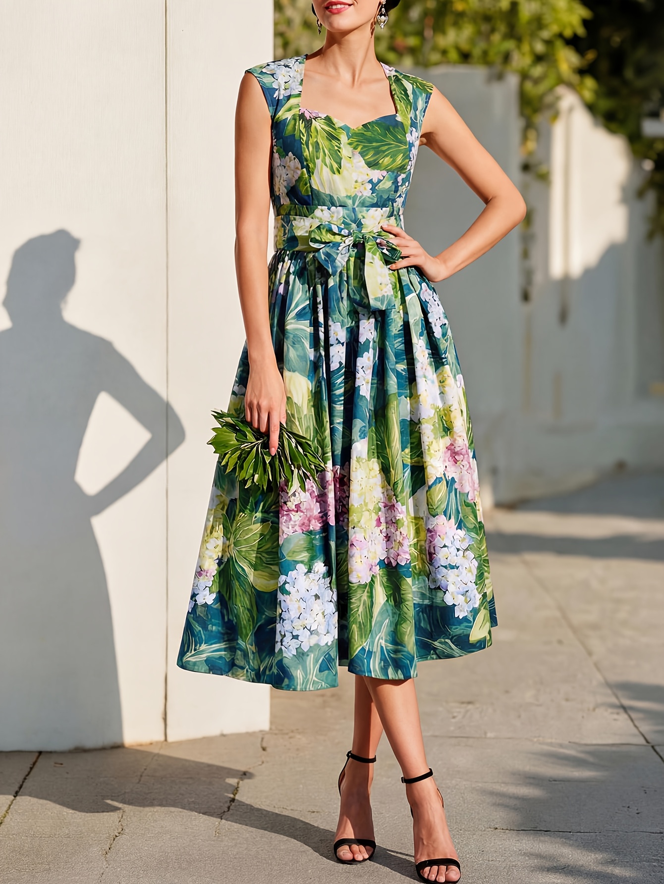 womens emerald green dress Emerald Green Long Sleeve Midi Dress with Pockets, Floral Flowers Wome –  Starcove Fashion