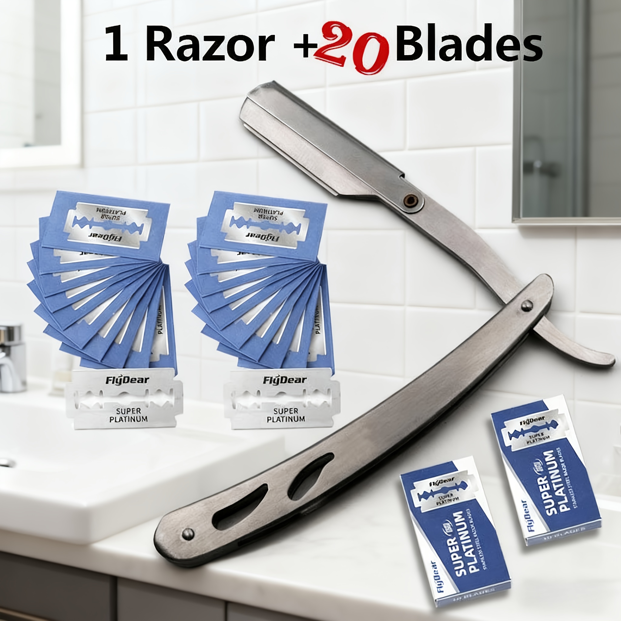 TEMU Straight Edge Barber Razor For Men - Stainless Steel Folding Shaver With 20 , Hair Removal Grooming Set