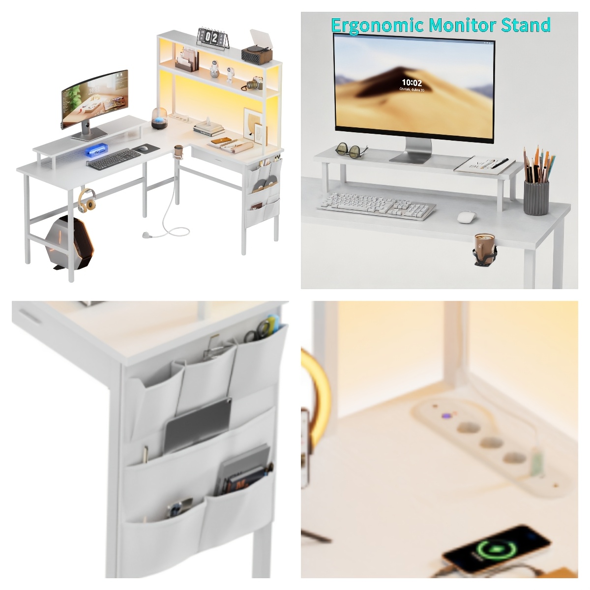 L-shaped Corner Computer Desk With Strips And Multi-tier Storage Shelves, Gaming Desk, Study Table Ideal For Offices, Gaming Rooms And Dormitories