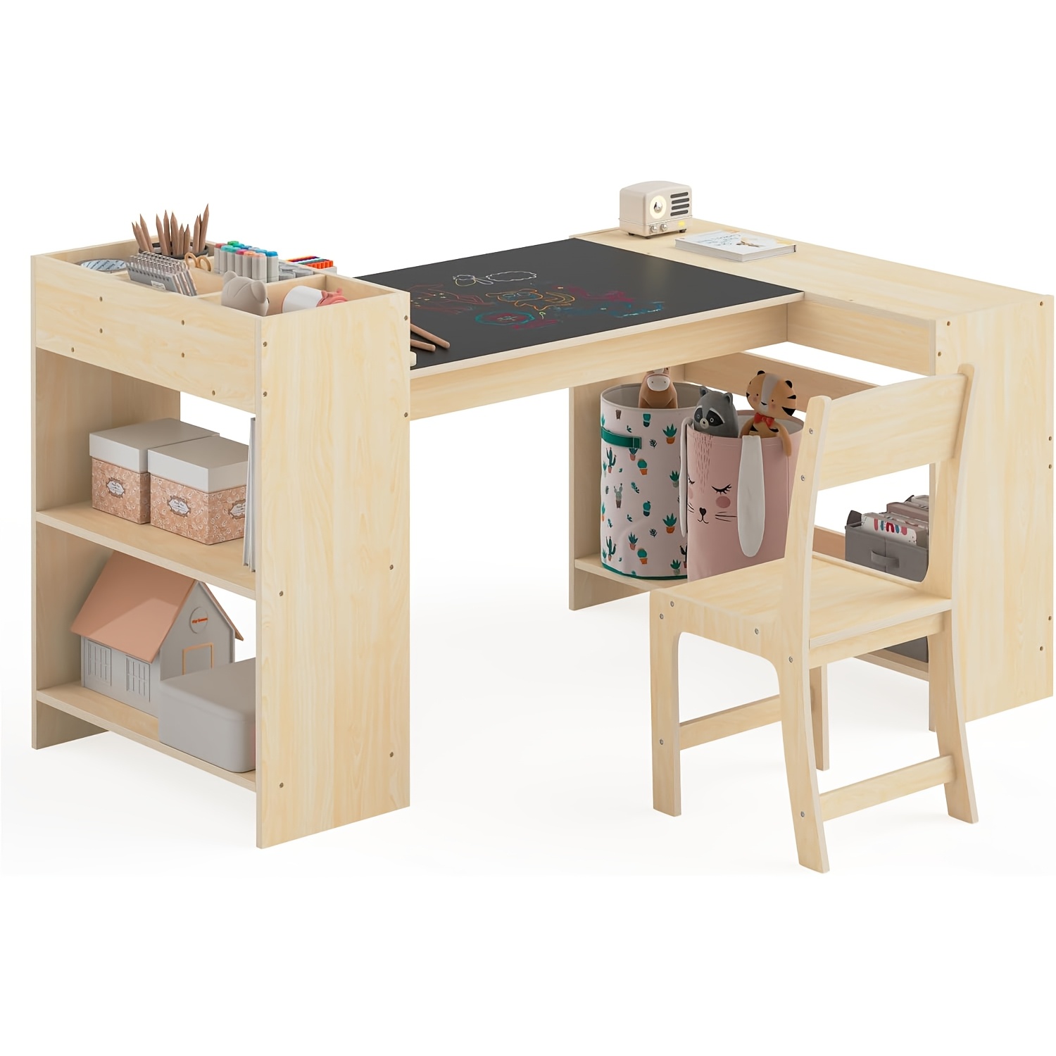 Kids Art Table and Chair Set with Storage Shelf - Height-Adjustable Heavy-Duty Pine Craft Table for Toddlers, Activity Desk for Painting, Learning, Reading - Assembly for Daycare (