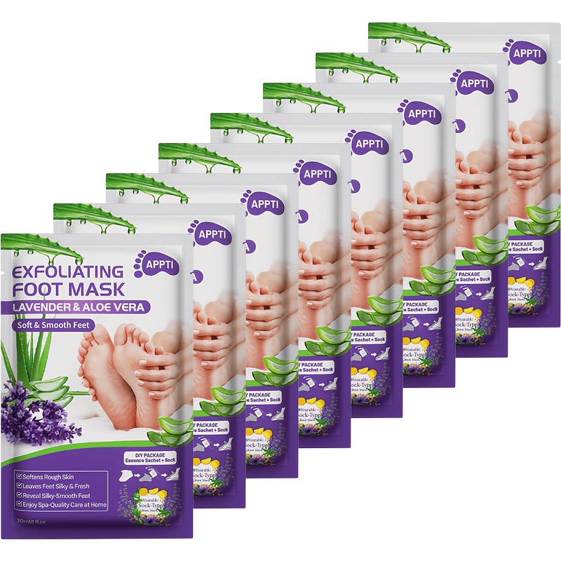 Image of 8pcs Lavender And Aloe Vera Exfoliating Foot Mask, Moisturizing And Nourishing For Rough And Dry Feet With Lactic Acid, Urea, And Acid