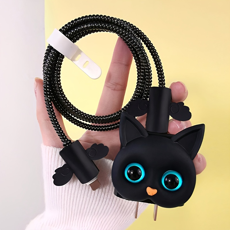 

Cartoon Black Cat Cable Winder & Cord Organizer With 20w Fast Charging Data Line Protector, 5-piece Set Made Of Silicone Without Battery