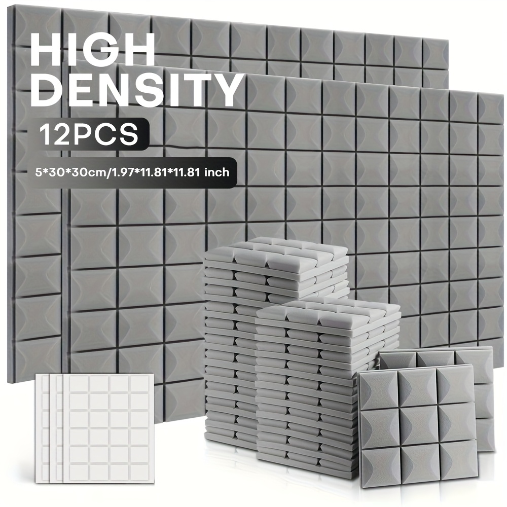 E-shop 12 Stück hochdichte Schallschutz-Schaumstoffplatten, 12x12x2 Zoll grau, Schalldämmung, Lärmreduzierung, inklusive doppelseitigem Klebeband für
