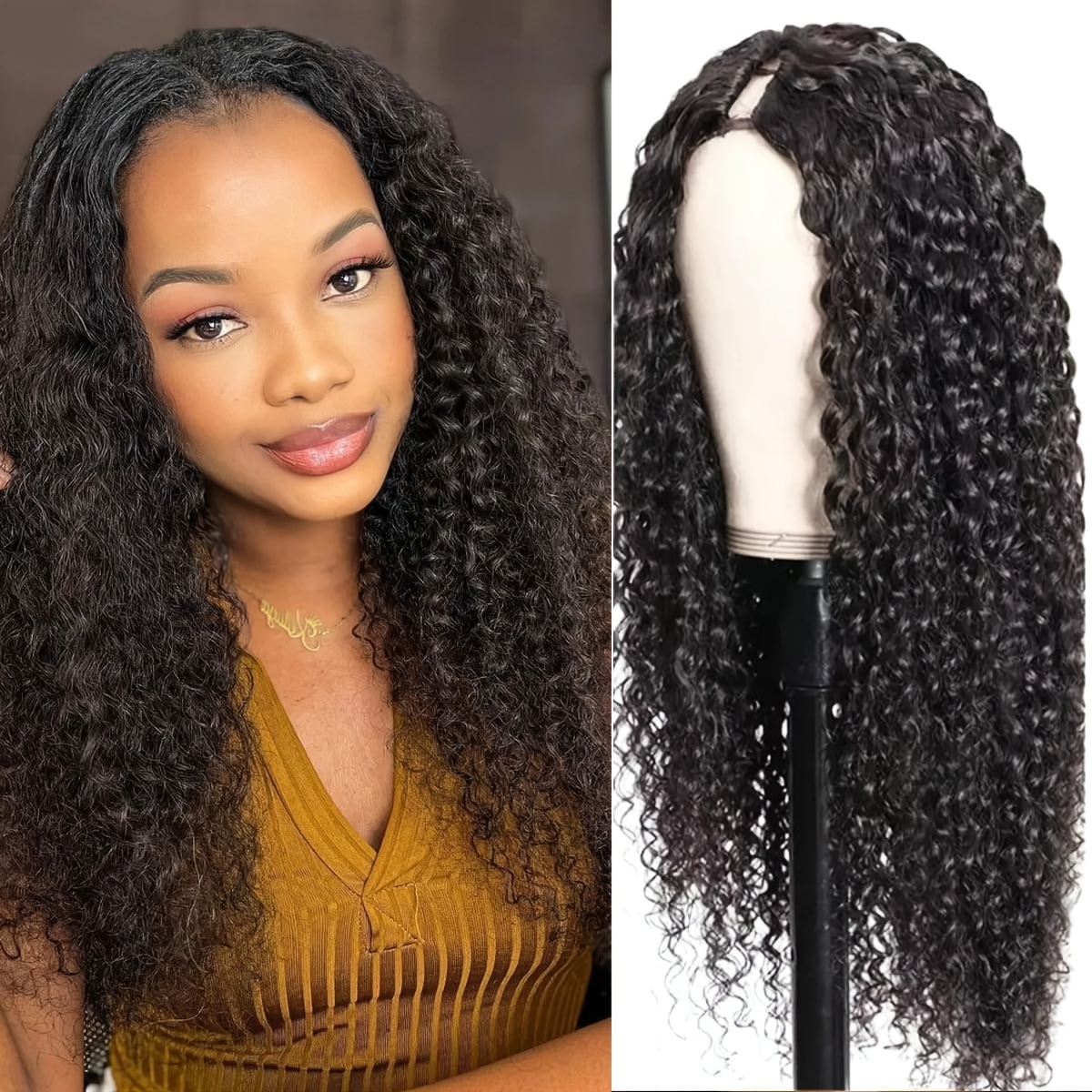 Image of Real Human Hair Wig For Women Suitable For - Glueless V/u Part Half Wig With Natural Black Color, 180% Density, No Leave Out Wig For (no Application)
